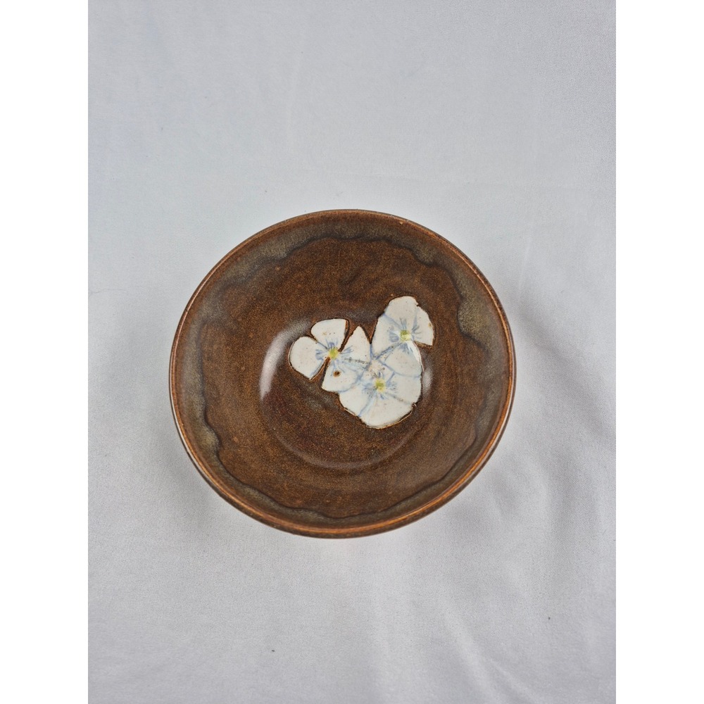 Signed Studioโ Art Pottery Bowl Blue White Flowers Handmade Ceramic Trinket Dish
